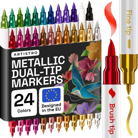 Artistro 24 Metallic Acrylstifte – Dual Tip (Pinsel & Fein) Marker für Stoff, Leinwand, Stein, Glas, Holz – Kalligrafie, Scrapbooking Zubehör, DIY & Geschenk für Kinder und Jugendliche – Kunstset