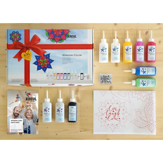 KREUL 42849 - Window Color XXL Set, 10 x 80 ml Fenstermalfarben, inkl. 80 ml Konturenfarbe, für kreative Kinder, eine Spezialfolie, 150 Schmucksteine und Vorlagen mit Blüten und Mandalamotiven