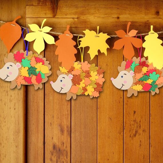 LAMEK 12 Igel Bastelsets für Kinder Herbst Kreativsets zum Basteln Kreative Kunsthandwerk Bastelhandwerk mit Moosgummi Schablonen Ahornblatt Bastelkoffer Herbstdeko für Herbstzeit