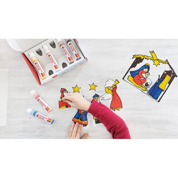Marabu 0306000000003 - Kids Window Color Winter mit 6 x 25 ml Farbe, Malvorlage A3 mit 35 Motiven und Folie A4, Fenstermalfarbe auf Wasserbasis, geeignet für Glas, Spiegel, Fliesen und Folie
