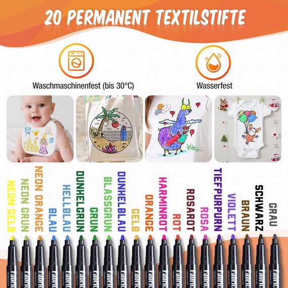 APOGO Lätzchen zum Bemalen für Babyparty, 12 Stück Lätzchen Weiß, mit 20 Textilstifte Waschmaschinenfest und 4 Schablonen - Geschenk für Gender Reveal Party, Babyparty Deko Junge und Mädchen
