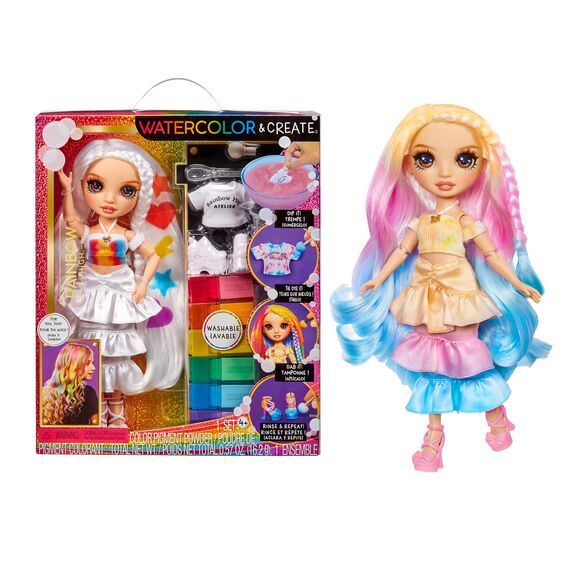 Rainbow High Watercolour & Create DIY Modepuppe, Auswaschbare Wasserfarben & Batikset - Braune Augen, Lockenhaar, Extra Top & Schuhe - Malen, Gestalten, Spielen, Abspülen, Wiederholen - 4-12+ Jahre