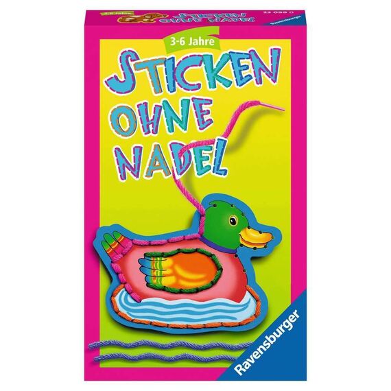 Ravensburger 23099 - Sticken ohne Nadel, Mitbringspiel für 1-4 Spieler, Kinderspiel ab 3 Jahren, kompaktes Format, Reisespiel, Bunte Wolle