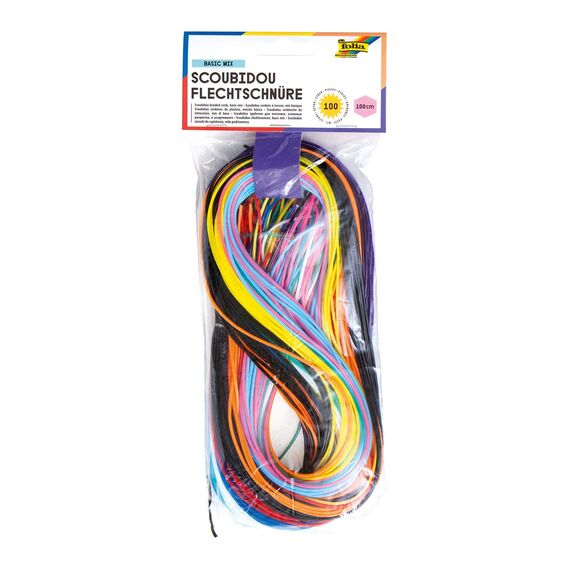 folia 731100 - Basic Mix Scoubidou Flechtschnüre, opak/transparent, 100 Stück sortiert in 10 verschiedenen Farben - ideal zum Flechten von Armbändern, Schlüsselanhängern, usw.