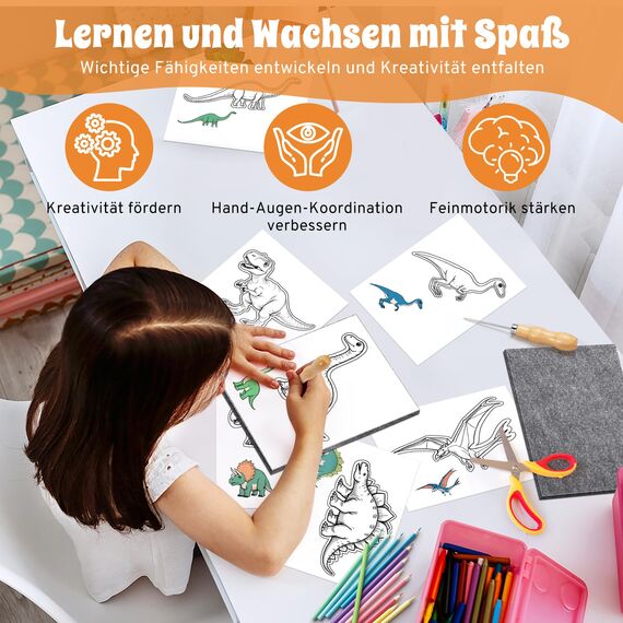 DazSpirit Prickelnadel Set Kinder, Komplettes Prickelset Kinder ab 4 mit 2 Prickelfilz, 2 Prickelnadel & 10 Stickbilder, Entwickelt für Kleine Hände, Prickeln Kit für Kreative Projekte (Dinosaurier)
