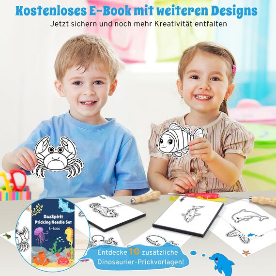 DazSpirit Prickelnadel Set Kinder, Komplettes Prickelset Kinder ab 4 mit 2 Prickelfilz, 2 Prickelnadel & 10 Stickbilder, Entwickelt für Kleine Hände,Prickeln Kit für Kreative Projekte(Unter dem Meer)
