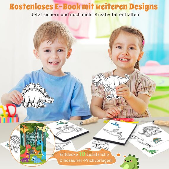 DazSpirit Prickelnadel Set Kinder, Komplettes Prickelset Kinder ab 4 mit 2 Prickelfilz, 2 Prickelnadel & 10 Stickbilder, Entwickelt für Kleine Hände, Prickeln Kit für Kreative Projekte (Dinosaurier)
