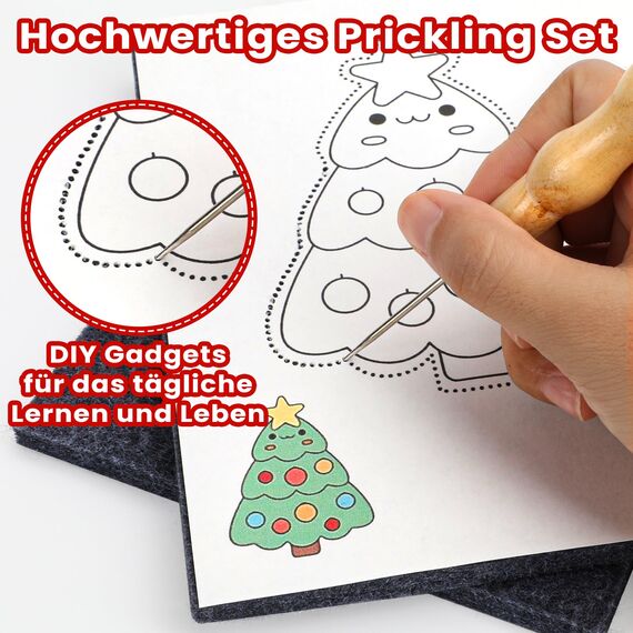 Weihnachten Prickelset für Kinder ab 4,Prickelnadel Set Mit 2 Prickelunterlagen,2 Prickelnadeln & 10 Stickbildern, Sicher & Entwickelt für Kleine Hände,Prickeln Kunst Kit für Kreative Bastelprojekte