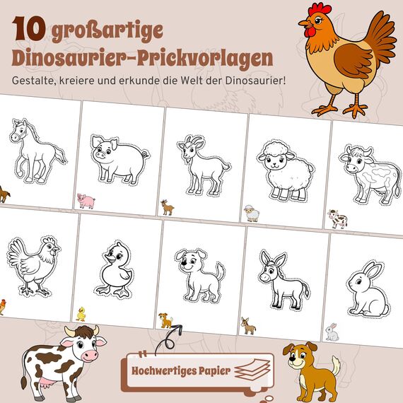 DazSpirit Prickelnadel Set Kinder, Komplettes Prickelset Kinder ab 4 mit 2 Prickelfilz, 2 Prickelnadel & 10 Stickbilder, Entwickelt für Kleine Hände, Prickeln Kit für Kreative Projekte (Nutztiere)