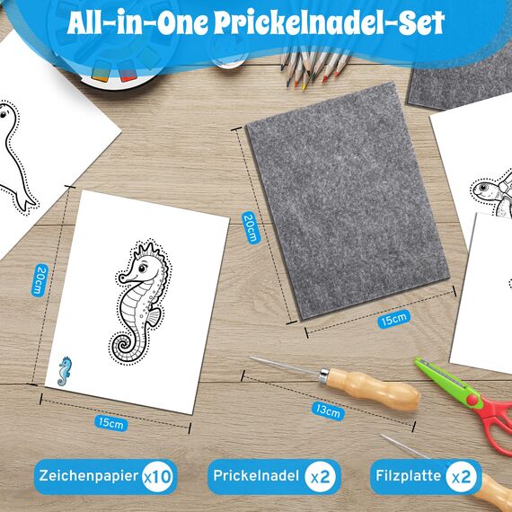 DazSpirit Prickelnadel Set Kinder, Komplettes Prickelset Kinder ab 4 mit 2 Prickelfilz, 2 Prickelnadel & 10 Stickbilder, Entwickelt für Kleine Hände,Prickeln Kit für Kreative Projekte(Unter dem Meer)