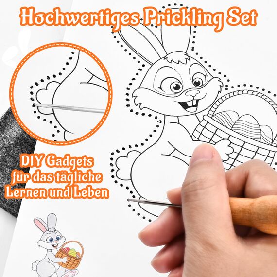 DazSpirit Prickelnadel Set Kinder, Komplettes Prickelset Kinder ab 4 mit 2 Prickelfilz, 2 Prickelnadel & 10 Stickbilder, Entwickelt für Kleine Hände, Prickeln Kit für Kreative Projekte (Ostern)