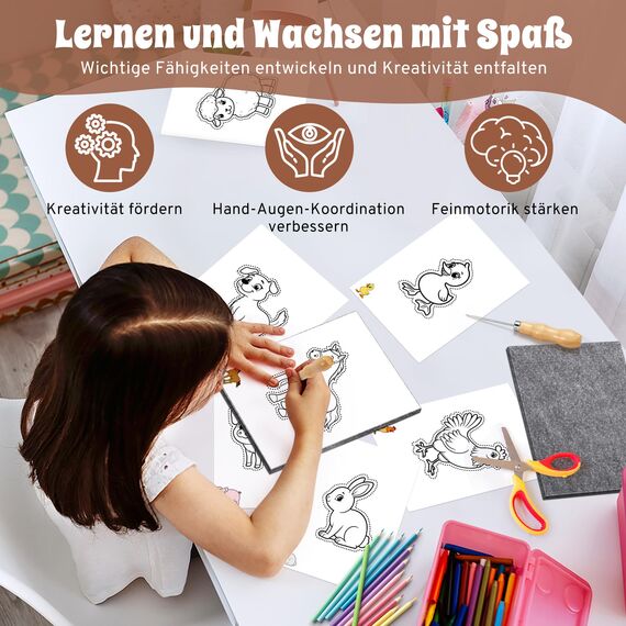 DazSpirit Prickelnadel Set Kinder, Komplettes Prickelset Kinder ab 4 mit 2 Prickelfilz, 2 Prickelnadel & 10 Stickbilder, Entwickelt für Kleine Hände, Prickeln Kit für Kreative Projekte (Nutztiere)