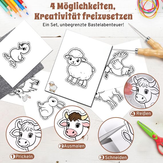 DazSpirit Prickelnadel Set Kinder, Komplettes Prickelset Kinder ab 4 mit 2 Prickelfilz, 2 Prickelnadel & 10 Stickbilder, Entwickelt für Kleine Hände, Prickeln Kit für Kreative Projekte (Nutztiere)