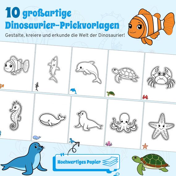 DazSpirit Prickelnadel Set Kinder, Komplettes Prickelset Kinder ab 4 mit 2 Prickelfilz, 2 Prickelnadel & 10 Stickbilder, Entwickelt für Kleine Hände,Prickeln Kit für Kreative Projekte(Unter dem Meer)