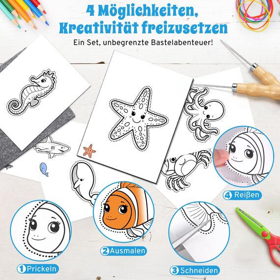 DazSpirit Prickelnadel Set Kinder, Komplettes Prickelset Kinder ab 4 mit 2 Prickelfilz, 2 Prickelnadel & 10 Stickbilder, Entwickelt für Kleine Hände,Prickeln Kit für Kreative Projekte(Unter dem Meer)