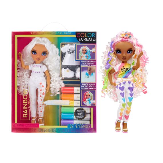 Rainbow High Color & Create DIY Modepuppe - Lila Augen, Locken, extra Top & Schuhe, abwaschbare Regenbogenstifte - Ausmalen, Gestalten, Spielen, Abwaschen - für Kinder von 4-12 Jahren & Sammler