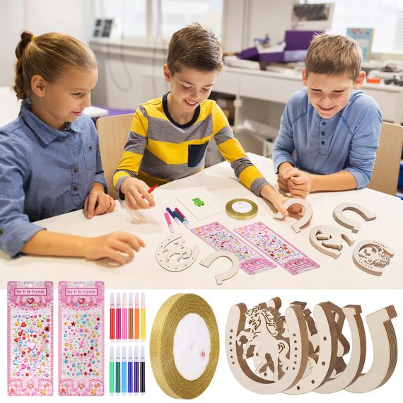 Fentar Hufeisen Holz, Holzscheiben Hufeisen Glücksbringer, 39 STK Basteln Kindergeburtstag Set mit Aquarellstift Glitzerband und Sticker, Basteln Pferde für Kinder Party Geburtstagsdeko Hochzeit