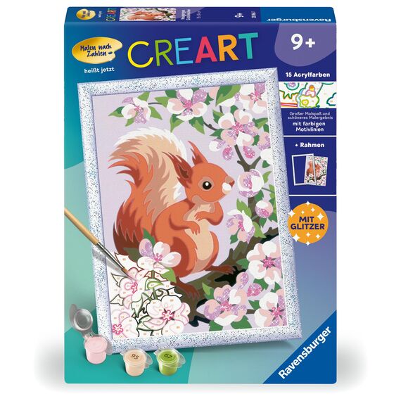 Ravensburger CreArt 20064 - Neugieriges Eichhörnchen - Malen nach Zahlen ab 9 Jahre, Malset mit Rahmen, Pinsel und Acrylfarben, Geschenk für Mädchen und Jungen, mit Glitzer