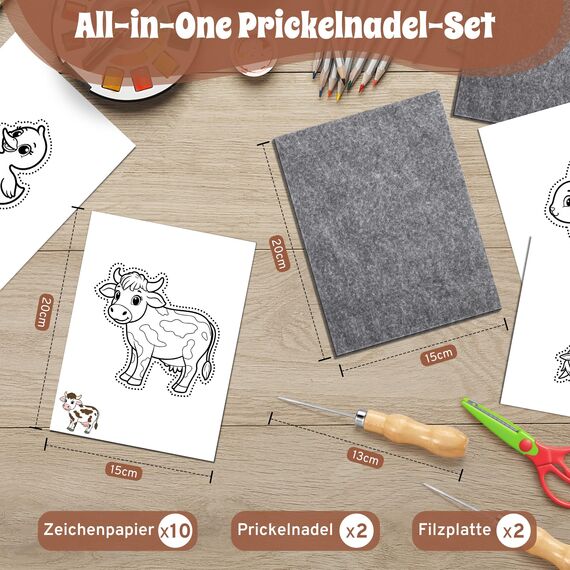 DazSpirit Prickelnadel Set Kinder, Komplettes Prickelset Kinder ab 4 mit 2 Prickelfilz, 2 Prickelnadel & 10 Stickbilder, Entwickelt für Kleine Hände, Prickeln Kit für Kreative Projekte (Nutztiere)