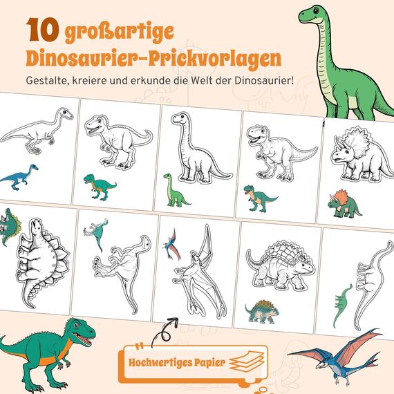 DazSpirit Prickelnadel Set Kinder, Komplettes Prickelset Kinder ab 4 mit 2 Prickelfilz, 2 Prickelnadel & 10 Stickbilder, Entwickelt für Kleine Hände, Prickeln Kit für Kreative Projekte (Dinosaurier)