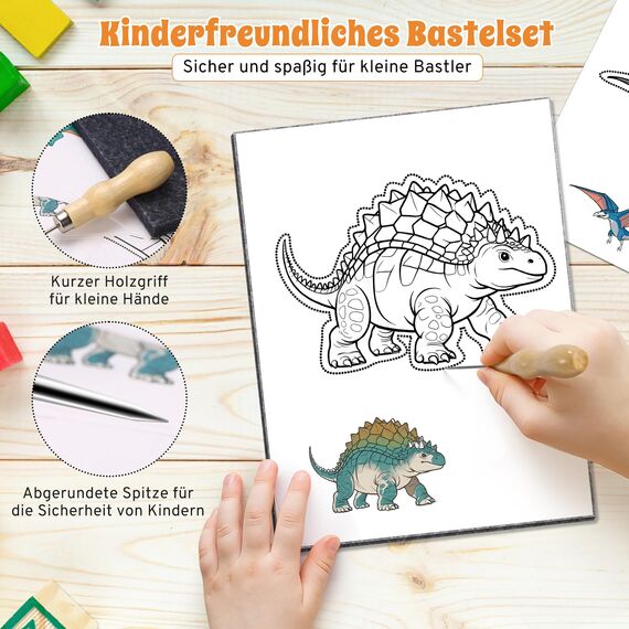 DazSpirit Prickelnadel Set Kinder, Komplettes Prickelset Kinder ab 4 mit 2 Prickelfilz, 2 Prickelnadel & 10 Stickbilder, Entwickelt für Kleine Hände, Prickeln Kit für Kreative Projekte (Dinosaurier)