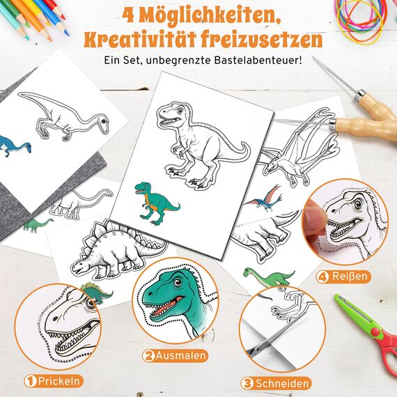 DazSpirit Prickelnadel Set Kinder, Komplettes Prickelset Kinder ab 4 mit 2 Prickelfilz, 2 Prickelnadel & 10 Stickbilder, Entwickelt für Kleine Hände, Prickeln Kit für Kreative Projekte (Dinosaurier)