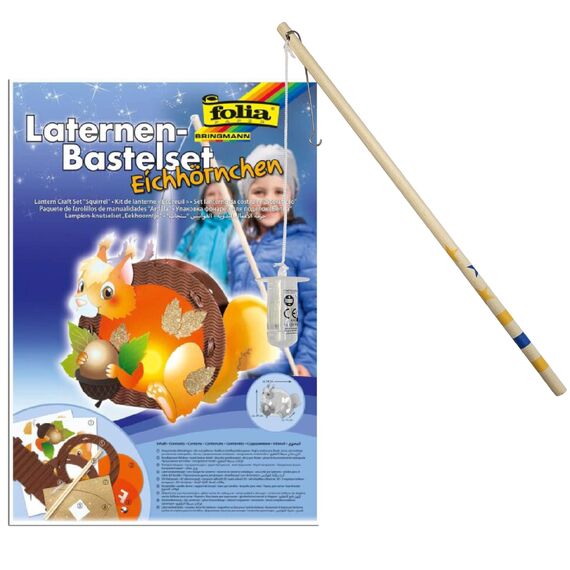 folia 94104 - Laternen Bastelset Eichhörnchen, ca. 34 x 29 x 11 cm - Komplettset zur Erstellung einer wunderschönen Laterne, Mittel + Stab
