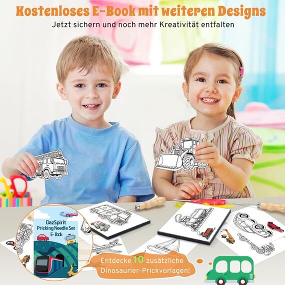 DazSpirit Prickelnadel Set Kinder, Komplettes Prickelset Kinder ab 4 mit 2 Prickelfilz, 2 Prickelnadel & 10 Stickbilder, Entwickelt für Kleine Hände, Prickeln Kit für Kreative Projekte (Transport)