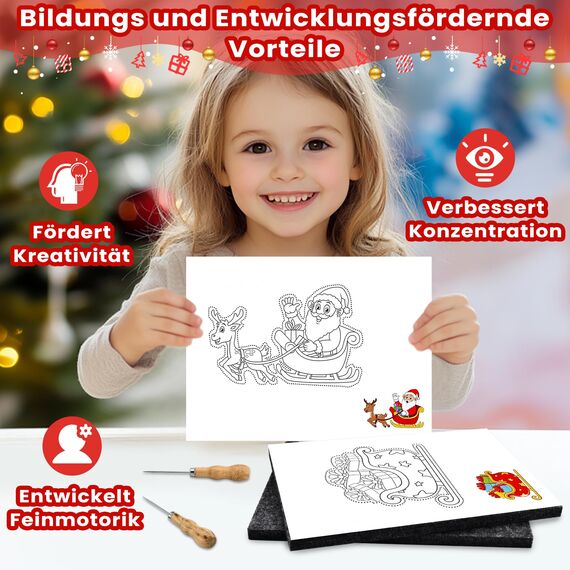 Weihnachten Prickelset für Kinder ab 4,Prickelnadel Set Mit 2 Prickelunterlagen,2 Prickelnadeln & 10 Stickbildern, Sicher & Entwickelt für Kleine Hände,Prickeln Kunst Kit für Kreative Bastelprojekte