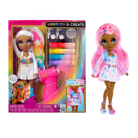 Rainbow High Air Brush & Create - 1 DIY Modepuppe mit Airbrush Market Kit, Abwaschbaren Regenbogen-Filzstiften Langen Haaren, Grauen Augen, Kreatives Spiel für Kinder von 4 bis 12+