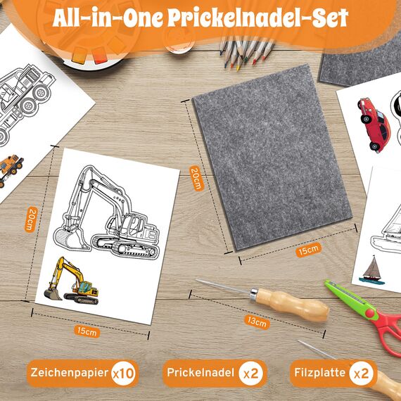 DazSpirit Prickelnadel Set Kinder, Komplettes Prickelset Kinder ab 4 mit 2 Prickelfilz, 2 Prickelnadel & 10 Stickbilder, Entwickelt für Kleine Hände, Prickeln Kit für Kreative Projekte (Transport)