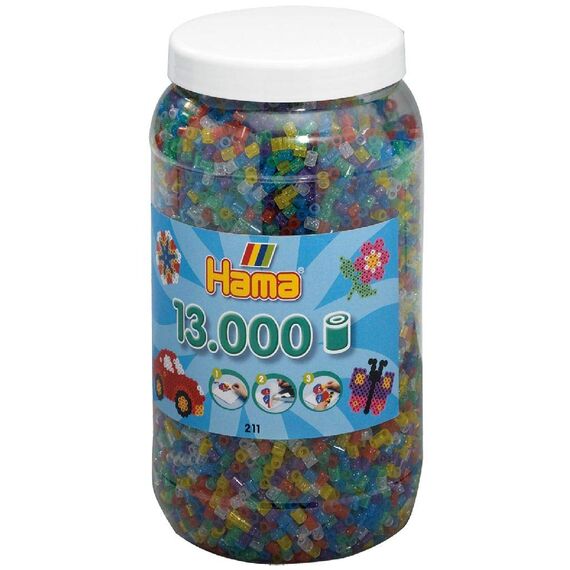Hama Perlen 211-54 Bügelperlen XXL Dose mit ca. 13.000 bunten Midi Bastelperlen mit Durchmesser 5 mm im Transparent Glitter Mix, kreativer Bastelspaß für Groß und Klein