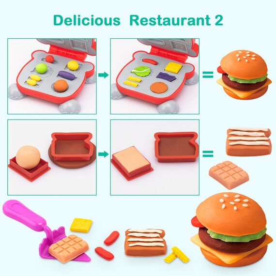 Knetwerkzeug für Kinder, 41 Stück Knete mit Zubehör Creation Frühstück Burger & Pasta, Formen Rollen Nudelholz, Knetmatte mit Aufbewahrungstasche, Teig Spielzeug Geschenk für Jungen Mädchen