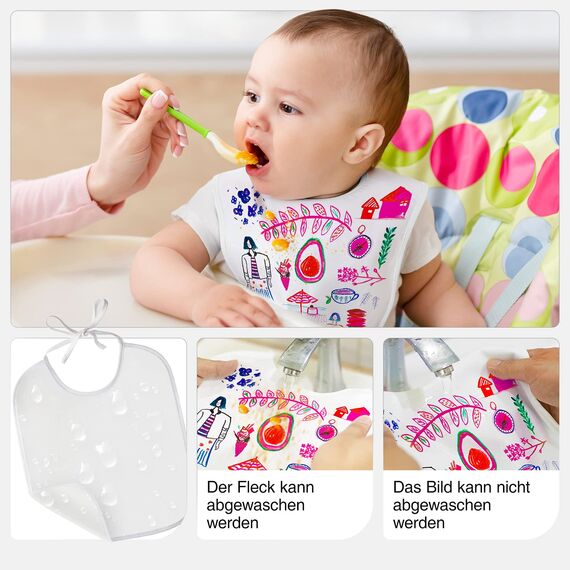 APOGO Lätzchen zum Bemalen 10 Stück Weiße Lätzchen 29.5 * 25.3cm Aus Baumwolle und Wasserdichte Seite, mit 24 Textilstie und 4 Schablonen für Junge und Mädchen Baby shower Party Deko