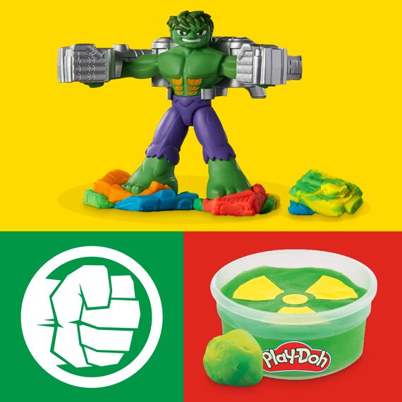 Play-Doh Marvel Hulk Quetsch- & Schmetterspaß, Action-Figur und 3 x 28 g Dosen und 1 x 56 g Dosen, Knetpresse und Formen, kreatives für Kinder ab 3 Jahren
