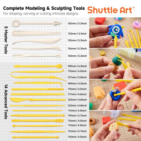 Shuttle Art Polymer Clay Set, 60 Farben Knete Set mit 140 Stück Polymer Clay Zubehör, Modelliermasse ofenhärtend, Weicher Ton mit 19 Schnitzwerkzeugen, Kinderknete, Knetemasse für Ohrringe, Armband