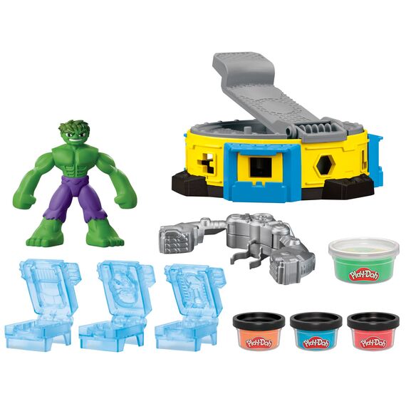 Play-Doh Marvel Hulk Quetsch- & Schmetterspaß, Action-Figur und 3 x 28 g Dosen und 1 x 56 g Dosen, Knetpresse und Formen, kreatives für Kinder ab 3 Jahren