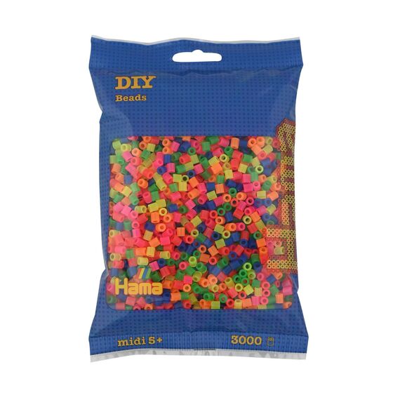 Hama Perlen 201-51 Bügelperlen Beutel mit ca. 3.000 bunten Midi Bastelperlen mit Durchmesser 5 mm im Neon Mix, kreativer Bastelspaß für Groß und Klein
