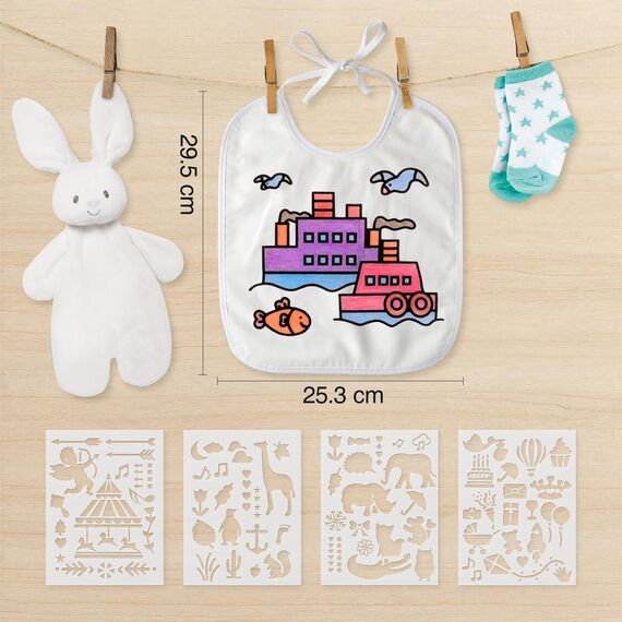 APOGO Lätzchen zum Bemalen 10 Stück Weiße Lätzchen 29.5 * 25.3cm Aus Baumwolle und Wasserdichte Seite, mit 24 Textilstie und 4 Schablonen für Junge und Mädchen Baby shower Party Deko