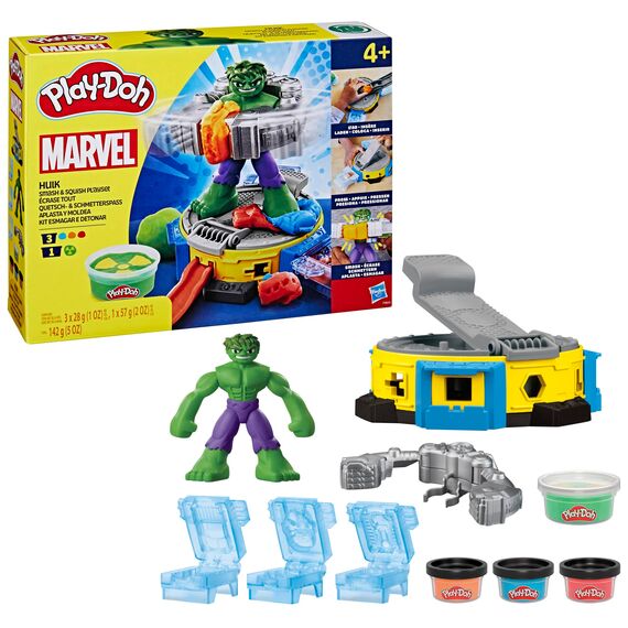 Play-Doh Marvel Hulk Quetsch- & Schmetterspaß, Action-Figur und 3 x 28 g Dosen und 1 x 56 g Dosen, Knetpresse und Formen, kreatives für Kinder ab 3 Jahren