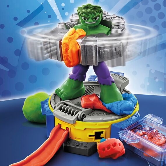 Play-Doh Marvel Hulk Quetsch- & Schmetterspaß, Action-Figur und 3 x 28 g Dosen und 1 x 56 g Dosen, Knetpresse und Formen, kreatives für Kinder ab 3 Jahren