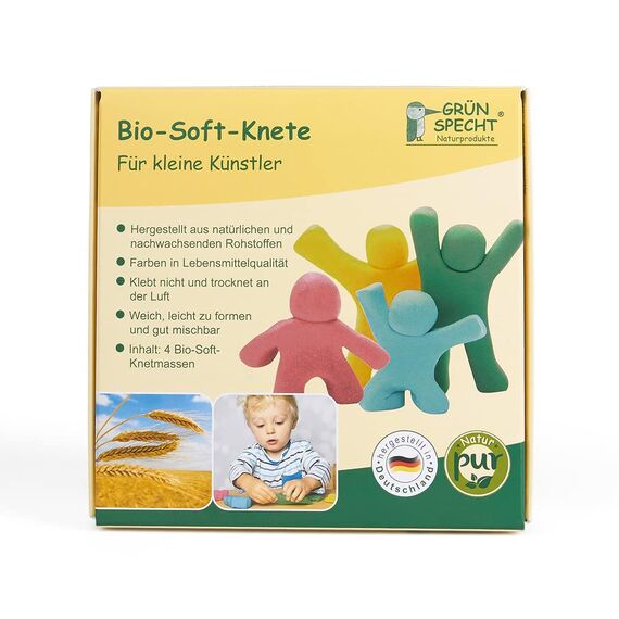 GRÜNSPECHT Bio-Soft-Knete, 4 Farben aus natürlichen Rohstoffen, Lebensmittelqualität, weich, mischbar, gelb, rot, grün, blau, Kinderknete, ungiftig (680-00)