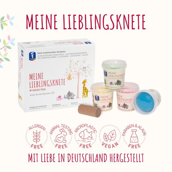 Feuchtmann MEINE LIEBLINGSKNETE mit Teigrolle - Knetset 4x150g, vegane glutenfreie Knete, natürliche Kinderknete, ungiftig, Spielknete für kreatives Spielen