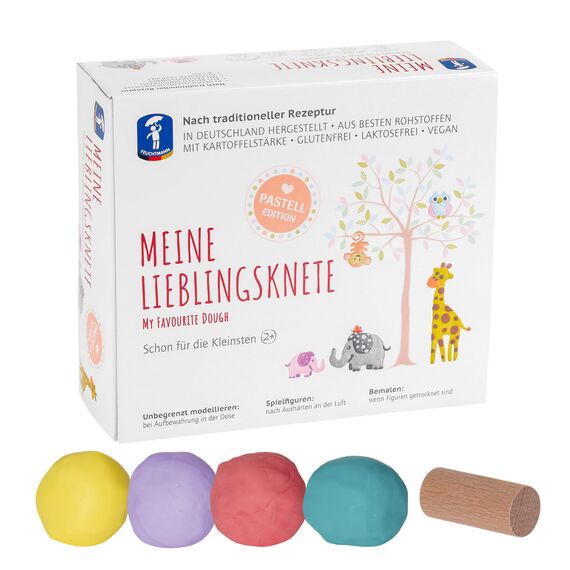 Feuchtmann MEINE LIEBLINGSKNETE Pastell Edition mit Teigrolle - Knetset 4x150g, vegane glutenfreie Knete, Kinderknete ungiftig, Spielknete für kreatives Spielen