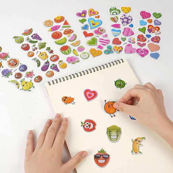 Vicloon 3D Aufkleber, 24 Blätter 330+ Verschiedene 3D Stickers Geschwollene, Aufkleber Einschließlich Herzen, Früchte und Mehr