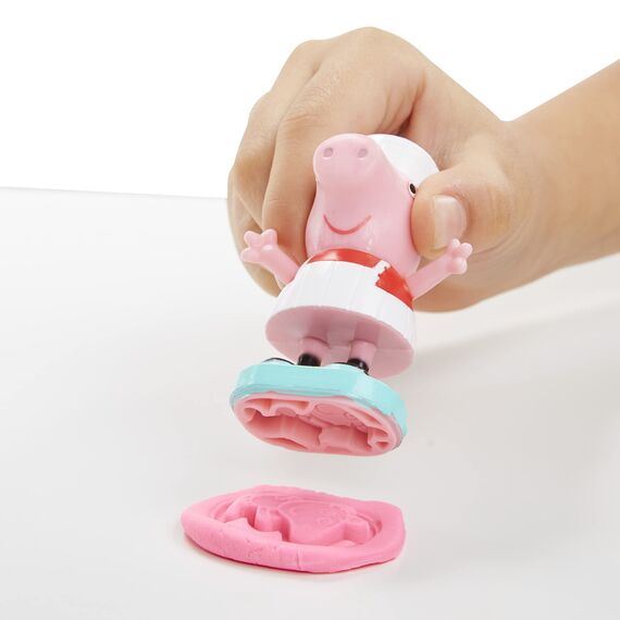 Play-Doh Peppas Eiswagen Bastel-Set, 3 x56g Dosen und 2 x 28 g Dosen Modelliermasse, Peppa und Schorsch Figuren und viele Accessoires und Formen, kreatives für Kinder ab 3 Jahren