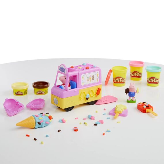 Play-Doh Peppas Eiswagen Bastel-Set, 3 x56g Dosen und 2 x 28 g Dosen Modelliermasse, Peppa und Schorsch Figuren und viele Accessoires und Formen, kreatives für Kinder ab 3 Jahren