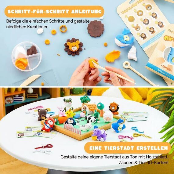 Shuttle Art Modelliermasse lufttrocknend Tiere-Serie, 55 Stück lufttrocknende Knete Set zum Thema Tiere, Air Dry Clay Set mit Modellierwerkzeugen, Zubehör, Anleitung, selbsttrocknender Ton für Kinder