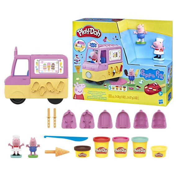 Play-Doh Peppas Eiswagen Bastel-Set, 3 x56g Dosen und 2 x 28 g Dosen Modelliermasse, Peppa und Schorsch Figuren und viele Accessoires und Formen, kreatives für Kinder ab 3 Jahren