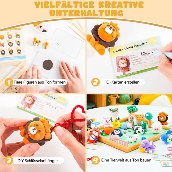 Shuttle Art Modelliermasse lufttrocknend Tiere-Serie, 55 Stück lufttrocknende Knete Set zum Thema Tiere, Air Dry Clay Set mit Modellierwerkzeugen, Zubehör, Anleitung, selbsttrocknender Ton für Kinder